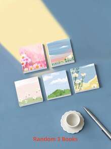 90张（3本）可爱风景、人物、花卉创意方形便签，提醒信息标签，自粘便签 - 适用于学校、办公室和家庭提醒，小礼物，学习用品，返校季