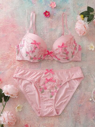 FloralLove Valentine's Day Embroidered Floral Lace Patchwork Underwire Padded Push-Up Comfy Balconette Romantic Gift Bow Cute Babydoll Women's Lingerie Set