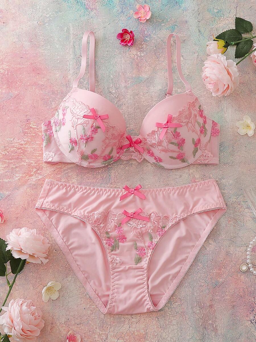 FloralLove 情人节刺绣花卉蕾丝拼接钢圈加厚聚拢舒适半罩杯浪漫礼物蝴蝶结可爱娃娃衫女士内衣套装 - 粉色 - 查看 1