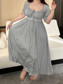 Dazy Plus 优雅碎花圆领系带撞色蕾丝收腰长款睡裙，短袖 - 灰色 - 查看 8