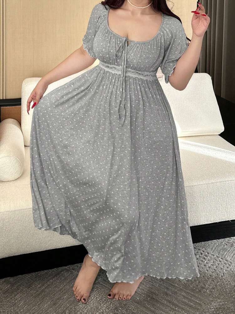Dazy Plus Elegant Ditsy Floral Scoop Neck Tie-Up Contrast Lace Cinched Waist Long Nightgown With Short Sleeves