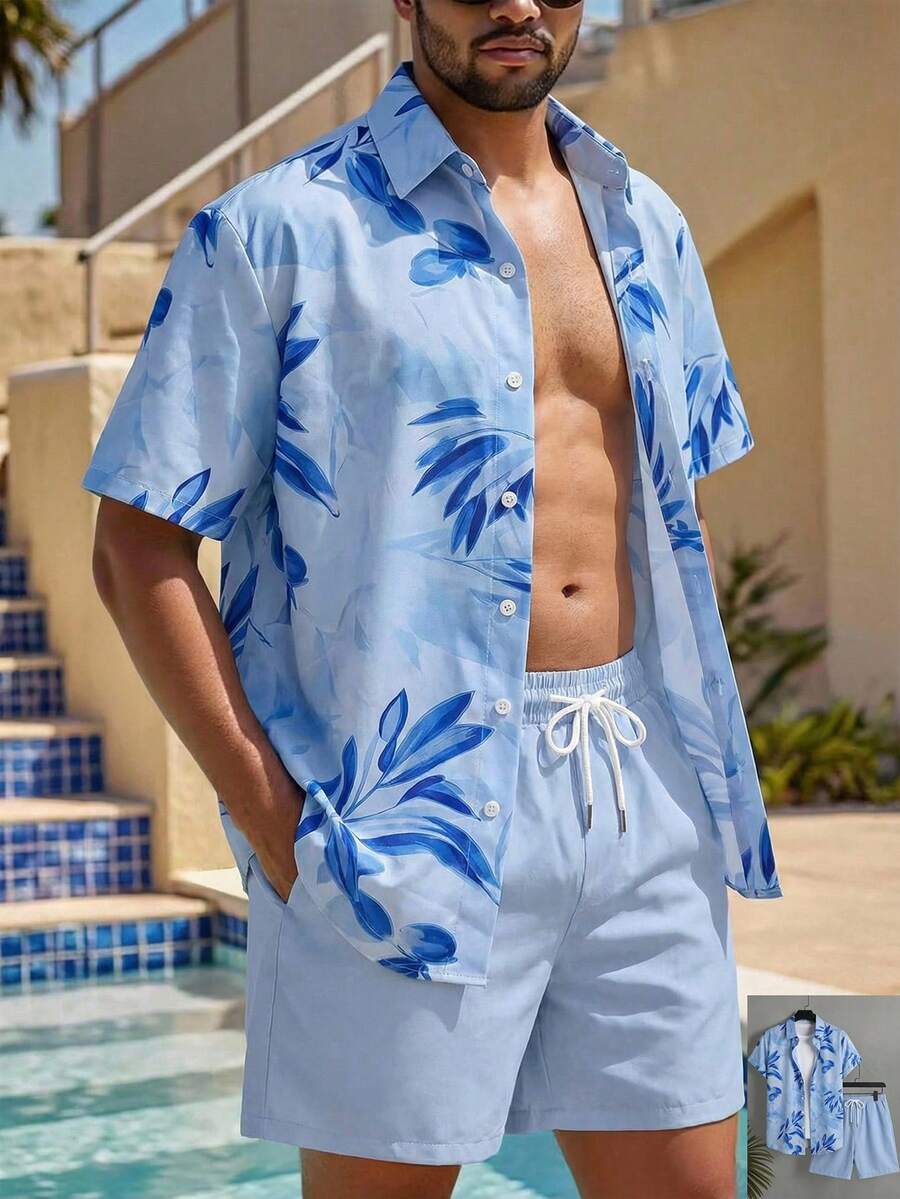 VENTUSAIL Floral Print Button-Front Shirt And Solid Color Slant Pocket Shorts Set Men Beach Outfit Set Men 2 Pieces Set Vacation, Holiday - Multicolor - View 1
