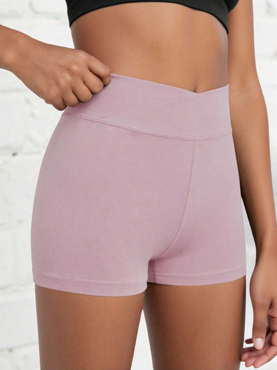 SHEIN 少女运动休闲纯色简约交叉腰带短裤，高弹四向弹力面料，适合骑行、跑步、训练 - 藕粉色 - 查看 1
