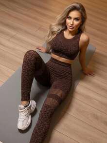 Innovista Women's Leopard Print Criss-Cross Back Sports Bra And Hollow-Out Leggings Fitness Set  Seamless High Support Sports Set, Removable Pads, Adjustable Straps, Leopard Print In Purple-Red & Khaki, Mesh Detailing On Crop Top & Leggings, Back Cross Design, Tummy Control, Quick Dry Activewear For Yoga, HIIT, Gym, Running, Outdoor Exercise, UV Protection, Daily Athleisure, Comfortable & Versatile Performance Gear, Premium Quality Fitness Set Brown Yoga Set Animal Print Workout Leggings - Brown - View 7