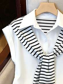 Everyssa Black & White Striped Patchwork Casual Short Sleeve Blouse For Women - White - View 3