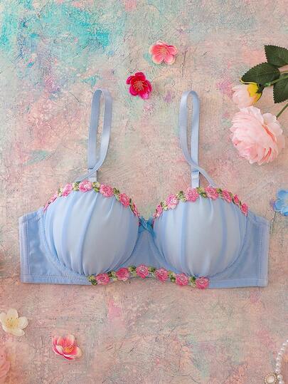 FloralLove Lencería de mujer con sujetador balconette romántico y lindo con acentos de lazo, taza de 1/2, con aros, relleno, realce de escote, cómodo, en estilo de patchwork de encaje floral azul para el Día de San Valentín