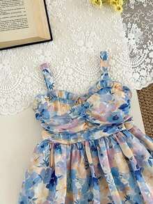 SHEIN Newly Launched Baby Girl's Dress With Flower Digital Print, Suspenders, A Cinched Waist And An Umbrella-Shaped Skirt! It's Comfortable, Fashionable, Outing, Elegant, Sweet, Lovely And In Princess Style, A Must-Have For Daily Wear And . - Blue - View 5
