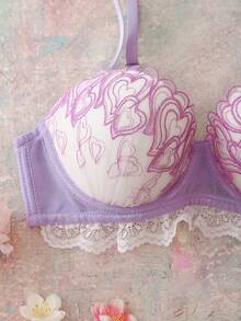 FloralLove Valentine's Day Heart Embroidery Floral Underwire 3/4 Cup Uplift Push Up Cleavage Enhancing Comfy Balconette Cute Fresh Romantic Backless Bow Cute Babydoll Women's Bra