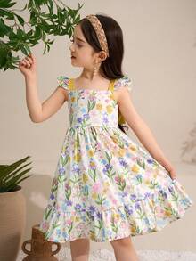 Elladie kids 女童休闲中长连衣裙，后背可爱蝴蝶结设计，黄色碎花连衣裙，女童碎花连衣裙，碎花荷叶边连衣裙，黄色蝴蝶结连衣裙，女童蝴蝶结连衣裙，印花连衣裙，荷叶边吊带连衣裙，夏季连衣裙，女童碎花连衣裙，女童夏季连衣裙，碎花连衣裙，黄色碎花连衣裙，女童可爱连衣裙 - 黃色 - 查看 8