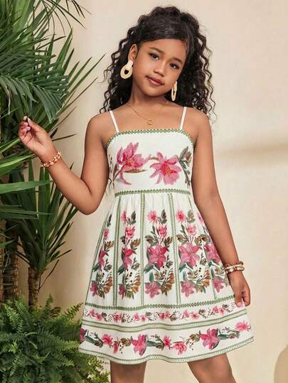 Travachic KIDS Vestido camisola informal elegante con estampado floral retro para vacaciones de niña preadolescente