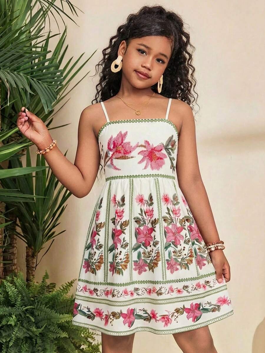 Travachic KIDS Đầm hai dây họa tiết hoa cổ điển, thanh lịch, thoải mái cho bé gái tuổi teen, thích hợp cho kỳ nghỉ. - Nhiều màu - Xem 1