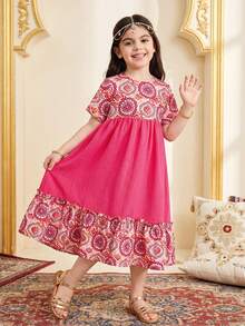 SHEIN 粉色夏季少女碎花拼接洋裝，家庭度假度假穿搭，少女版 Jalabiya 傳統長袖阿拉伯祈禱袍 - 粉色 - 查看 8