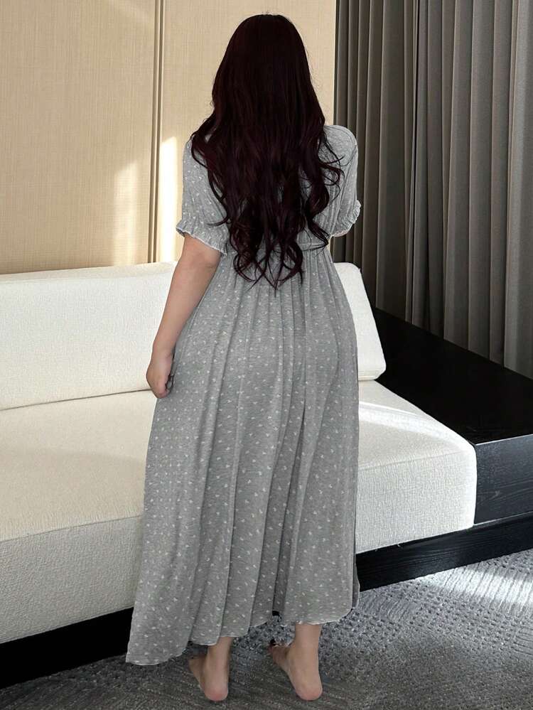 Dazy Plus Elegant Ditsy Floral Scoop Neck Tie-Up Contrast Lace Cinched Waist Long Nightgown With Short Sleeves