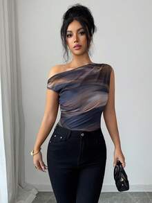 Elenzga 25-30+ Spring & Summer Everyday Tie Dye Print Ruched Shoulder Long Sleeve Blouse, Suitable For Dates, Gatherings, Daily Wear, Ruched Design Accent, Elegant Styling, Fashionable Ruched Graceful Women Top - Brown - View 3