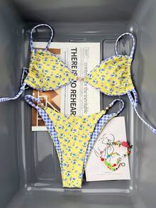Swim Mod 2026春夏款女士吊带黄色底蓝色花卉格纹可调节侧边高衩比基尼套装 - 彩色 - 查看 2