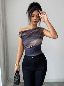 Elenzga 25-30+ Spring & Summer Everyday Tie Dye Print Ruched Shoulder Long Sleeve Blouse, Suitable For Dates, Gatherings, Daily Wear, Ruched Design Accent, Elegant Styling, Fashionable Ruched Graceful Women Top - Brown - View 6