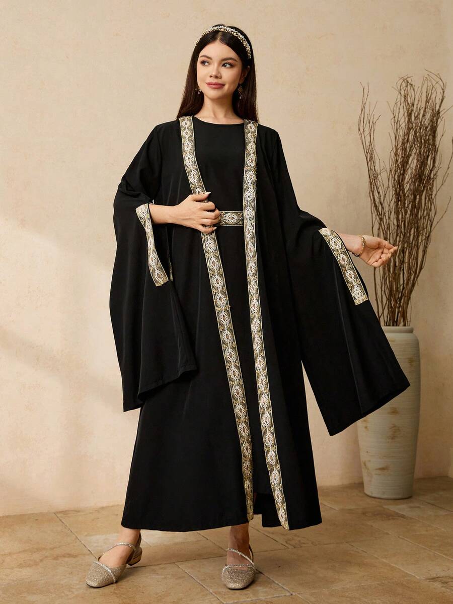 Teen Girl Elegant Party Ribbon Decor Jacket & Dress Set - Black - View 1