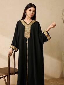 亮片缎带饰边V领长袖流苏设计少女休闲连衣裙 - 黑色 - 查看 6