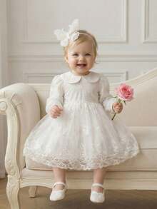 SHEIN Đầm công chúa tay dài cổ bèo thêu lưới dễ thương cho bé gái, thoải mái và mềm mại, thích hợp cho các dịp mùa xuân/thu như đi học, tiệc tùng, sinh nhật, họp mặt gia đình, có thể làm quà tặng - trắng - Xem 4