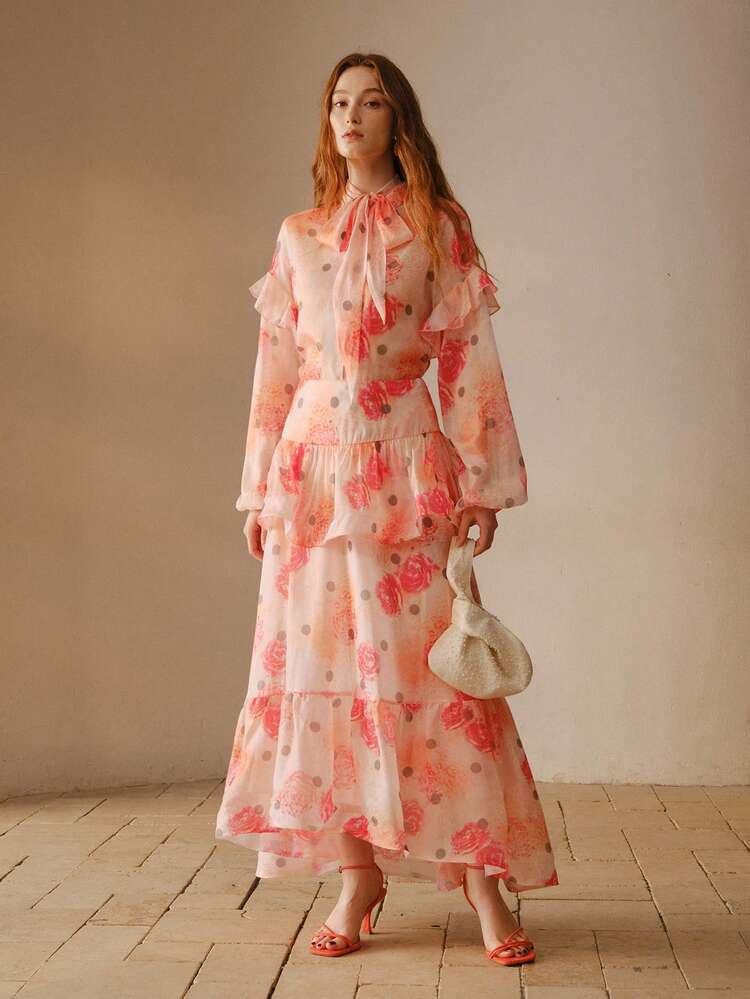 WOMEN'S FLORAL PRINT RUFFLE HEM A-LINE SKIRT