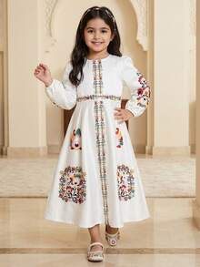 SHEIN Young Girl Ditsy Floral Round Neck Casual Dress, Modest Kaftan Kids Dresses For Girls White White Church Dress For Kids Kids Arabic Dress Girls Modest Dress Long Sleeves Kids Dress