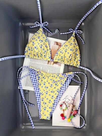 Swim Vcay 2 st/set sexig bikini för kvinnor, gul, prydlig blommig topp med spaghettiband + blå rutig rosettbyxa