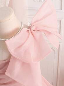 SHEIN Đầm organza lệch vai xếp nếp quá mức dành cho bé gái tuổi teen với nơ to - Màu Hồng baby - Xem 5