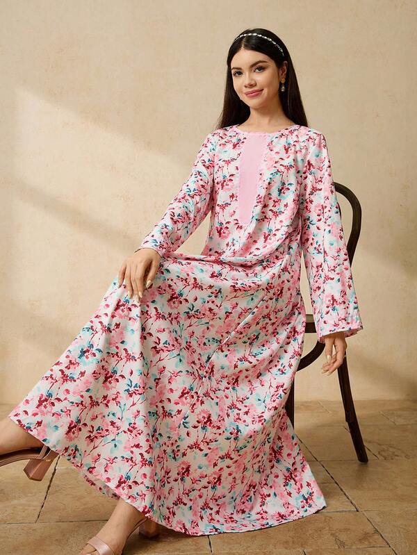 TeenGirls Floral Print Elegant Casual Robe Dress With Solid Color Stitching At The Collar For Added Fashion Sense, Suitable For Vacation, Outings, And Holiday Wear Pink Floral Dress Modest Dress Women Floral Dress Long Sleeve Floral Dress Floral Dress Women Maxi Dress Long Sleeve Dress Long Floral Dress Abaya For Kids Girls Modest Dress For Girls 2 Pcs Muslim Girls Dresses Teen Floral Dress Modest Dress For Women Modest Long Floral Dress Long Floral Dress For Women