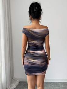 Elenzga 早春/夏季休闲扎染印花网纱不对称荷叶边优雅短裙，时尚棕色女士连衣裙，适合日常穿着和聚会 - 棕色 - 查看 2