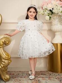 Young Girl Cute Princess Dress Heavy Duty Three Dimensional Flower Fabric Design Elegant Style, Suitable For Party Dressing - White - View 6