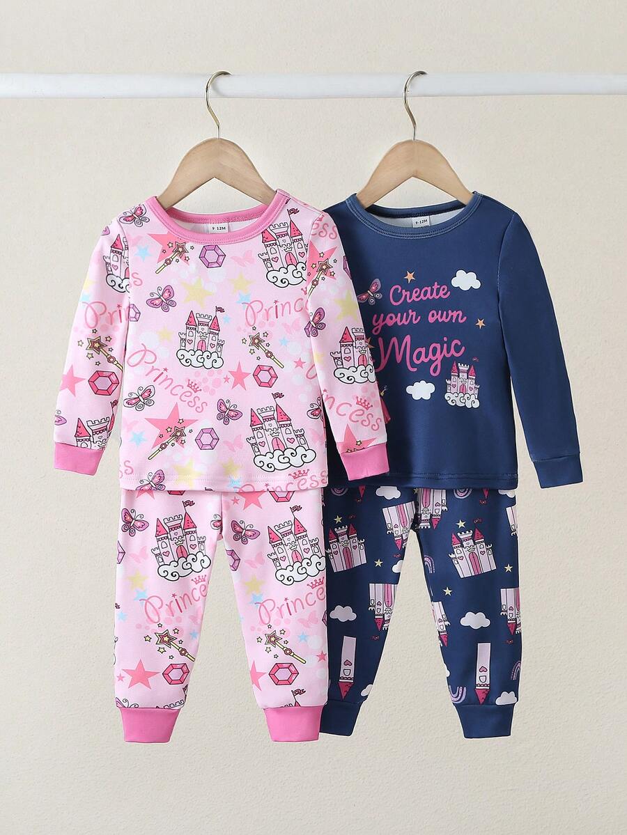 4pcs/2sets Princess Castle Cute Graphic Crew Neck Long Sleeve Top And Pants Soft Stretchy Knit Pajama Set, Best Gift For Baby Girls - Multicolor - View 1
