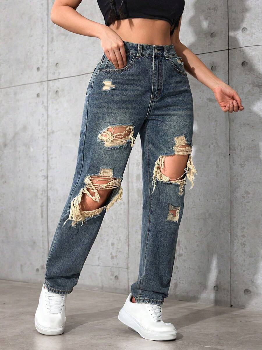 SHEIN ICON Jeans de talle alto lavados y desgastados de talla grande - Neblina azul - Ver 1