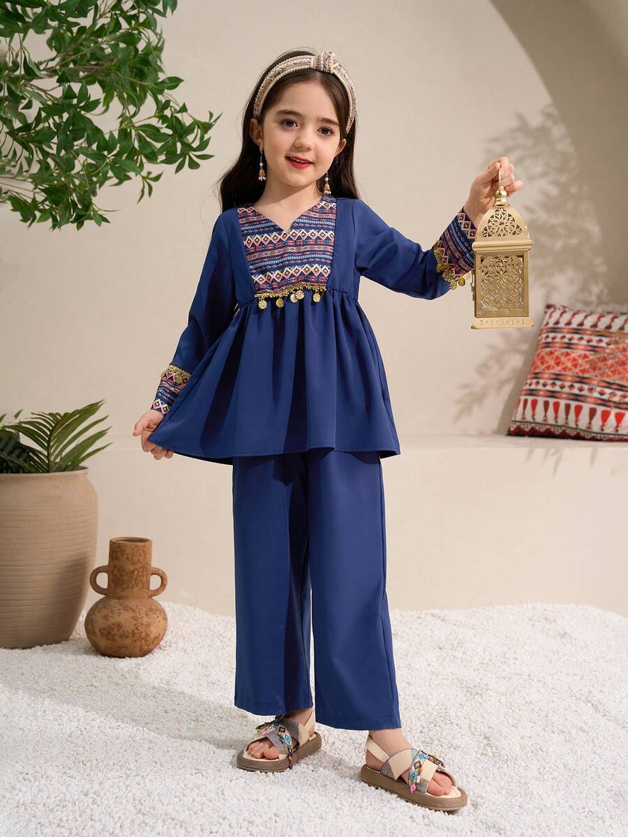 Elladie kids 两件套女童图案拼接长袖V领上衣和长裤休闲套装,春秋季 - 寶藍色 - 查看 1