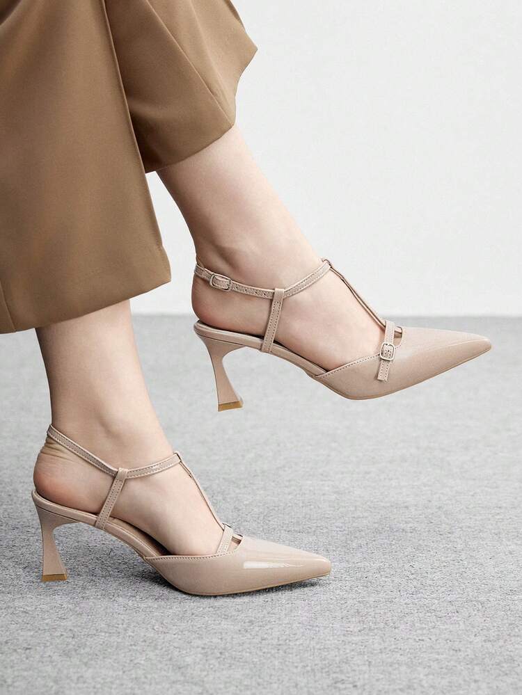 CUCCOO BIZCHIC Pointed Toe Slim High Heel Apricot Ankle Strap Minimalist Classic Women's High Heel Pumps, Versatile For Daily, Commute, Elegant, Party Spring Shoes