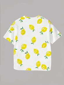 SHEIN Elladie kids 2025 Tween Girl Casual Versatile Comfortable Full Lemon Print Round Neck Tee, Summer Summer Holiday - Pink - View 5