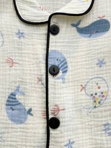 2件套婴儿/幼儿男童米色双层棉纱可爱鲸鱼熊图案短袖裤四件套睡衣 - 米色 - 查看 4