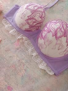 FloralLove Valentine's Day Heart Embroidery Floral Underwire 3/4 Cup Uplift Push Up Cleavage Enhancing Comfy Balconette Cute Fresh Romantic Backless Bow Cute Babydoll Women's Bra