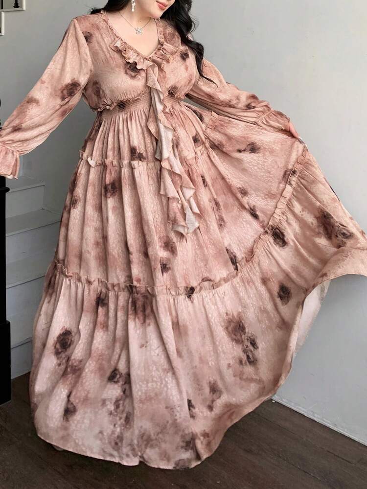 Dazy Plus Valentine Plus Size Women Floral Print Ruffle Hem Bodycon Maxi Dress With Flare Sleeves, Elegant Party Dress For Spring/Summer Sundress
