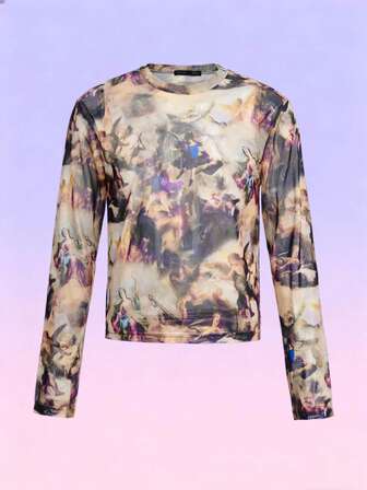 FeverCity Men's Graphic Print Crew Neck Loose Fit Long Sleeve Casual T-Shirt