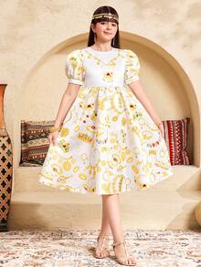SHEIN Tween Mädchen-Kleid im eleganten, glamourösen und niedlichen Stil in Gold & Weiß mit Grafik-Motiv, Kurzarm, Schwester-Partnerlook - Gold - Übersicht 3