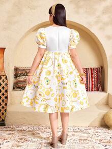 SHEIN Tween Mädchen-Kleid im eleganten, glamourösen und niedlichen Stil in Gold & Weiß mit Grafik-Motiv, Kurzarm, Schwester-Partnerlook - Gold - Übersicht 7