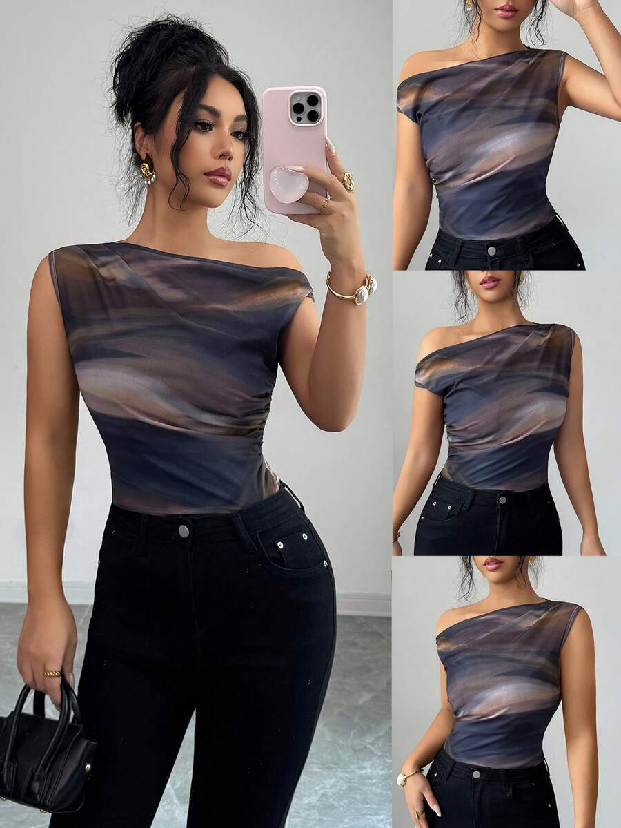 Elenzga 25-30+ Spring & Summer Everyday Tie Dye Print Ruched Shoulder Long Sleeve Blouse, Suitable For Dates, Gatherings, Daily Wear, Ruched Design Accent, Elegant Styling, Fashionable Ruched Graceful Women Top - Brown - View 1