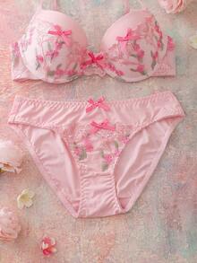 FloralLove 情人节刺绣花卉蕾丝拼接钢圈加厚聚拢舒适半罩杯浪漫礼物蝴蝶结可爱娃娃衫女士内衣套装 - 粉色 - 查看 4