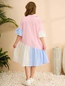 SHEIN 少女休闲纯色梭织面料撞色荷叶边下摆修身喇叭袖连衣裙，适合返校和日常穿着 - 淺藍色 - 查看 7