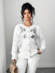 Elenzga Áo khoác cardigan tay dài dáng rộng, đính sequin, cài cúc phía trước, thích hợp cho mùa xuân. - trắng - Xem 6
