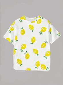 SHEIN Elladie kids 2025 Tween Girl Casual Versatile Comfortable Full Lemon Print Round Neck Tee, Summer Summer Holiday - Pink - View 4