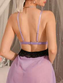 DelicateAllure Women's Mauve Purple Mesh Fabric Semi-Sheer Slip Dress With Spaghetti Strap Neckline And Furry Heart Detail - Mauve Purple - View 3