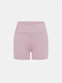 SHEIN 少女运动休闲纯色简约交叉腰带短裤，高弹四向弹力面料，适合骑行、跑步、训练 - 藕粉色 - 查看 5