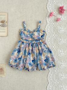 SHEIN Newly Launched Baby Girl's Dress With Flower Digital Print, Suspenders, A Cinched Waist And An Umbrella-Shaped Skirt! It's Comfortable, Fashionable, Outing, Elegant, Sweet, Lovely And In Princess Style, A Must-Have For Daily Wear And . - Blue - View 3