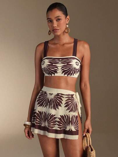 Swim Oasis 26SS Spring/Summer Vacation Beach BOHO Black & White Floral Skirt, Swimsuit 3 Pieces Set,New Women's Swimwear ArrivalFor School,Suitable For Holiday, Date, Afternoon Tea, Western, Cruise, Beach, Island, Road Trip, All Seasons, Music Festival, Boho Vacation,Bohemian Vacation, Chill Autumn ,Western Boho ,Elegant Tops For Women